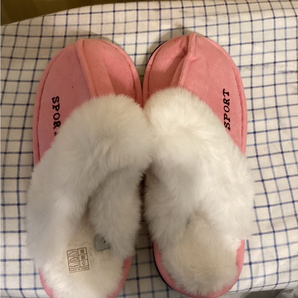 Sport Pink and White Furry Slippers